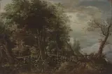 Waldlandschaft mit Weiher und Holzbrücke by Frankenthaler Schule, 17.Jh., oil on panel, sold Dec 2024