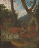 Hirschrudel im Wald by Johann Melchior Roos, 1701, oil on copper, sold Dec 2024