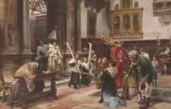 Viatikum in der Basilica dei Frari in Venedig by Ludwig Passini, 1882, watercolor, sold Dec 2024