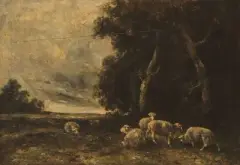 Landschaft mit Schafen by Charles Jacque, oil on panel, offered Dec 2024