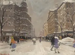 Budapest im Winter by Antal Berkes, gouache, offered Dec 2024