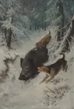Winterlandschaft mit Wildschwein und Jagdhunden by Karl Sovanka, 1923, oil on canvas, sold Dec 2024