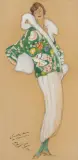 Modebild: Dame mit grüngemusterter Jacke und Hermelin Kleidung by Jean-Gabriel Domergue, 1924, gouache, sold Dec 2024