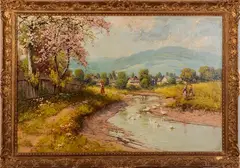 River Scene with Figures and Ducks by László Neogrády, Oil on board, offered Jun 2015