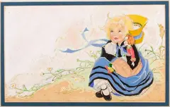 Girl in Blue Dress Holding Doll by Fern Bisel Peat, Gouache on illustration board, offered Jun 2015