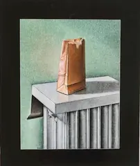 Radiator with Bag by Gerald Kramer, Mixed media on board, offered Mar 2015