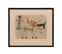 Untitled - Woman with Two Donkeys by M. F. Husain, lithograph in colors, sold Jun 2026