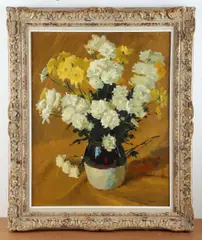 still life painting depicting flowers in a crock by Frank Palmieri, oil on canvas, sold Jul 2024