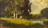 Untitled (Cattle in a Clearing) by William Keith, oil on cigar box lid panel, sold May 2022
