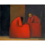 Platicando," circa by Jesus Mariano Leuus, oil on masonite, sold Jun 2022