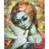 Untitled (Woman with Dove) by Raymond Howell, oil on board, sold Jun 2022