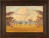 Landscape with Trees and Large Cloud by Piet van Emmenis, oil on canvas, sold Jul 2023