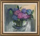 Still Life with Hydrangeas by Pearl Pols, oil on canvas mounted on board, sold Jul 2023