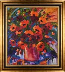 Still Life with Red and Orange Flowers by Cornelius Bosch, oil on canvas, sold Jul 2023