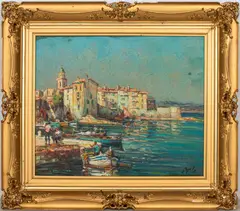 Mediterranean Harbor by Maurice Barle, 1950s, Oil on Canvas, sold Mar 2024