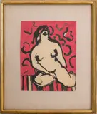 Nude Woman on Pink Ground by Earl Kerkam, 1952, Acrylic on Board, sold Mar 2024