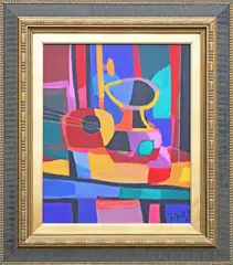 O/C by Le Fruit Verte, Oil on canvas abstract still life table of fruit, sold Jun 2021