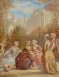 Watteauesque figures before a chateau by Charlotte Lentrein de Senezcourt, Oil on panel, offered Aug 2022