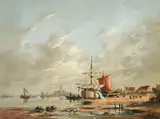 Unloading the catch, view of city beyond by Gudrun Sibbons, Oil on board, offered Aug 2022
