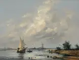 Landscape with a moored boat and windmill by Gudrun Sibbons, Oil on board, offered Aug 2022