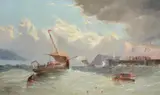 A barge in a swell, off a pier by John Cooke, Oil on canvas, offered Aug 2022