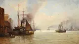At london bridge wharf by Thomas Hale Saunders, 1888, oil, offered Aug 2022