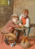 Children playing cards; feeding the birds by William Helmsley, Oil on board Each signed, sold Aug 2022