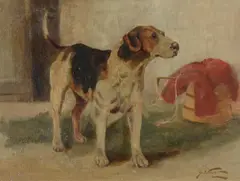 A hound beside a hunting jacket by George Wright, Oil on canvas laid down on board, offered Aug 2022