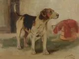 A hound beside a hunting jacket by George Wright, Oil on canvas laid down on board, offered Aug 2022