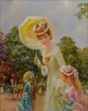 Summer promenade with mother by John Strevens, Oil on canvas, offered Aug 2022