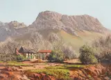 South african landscape with cottage by Tinus de Jongh, Oil on canvas, sold Aug 2022