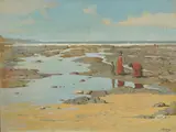 Figures within a coastal landscape by Walter Gilbert Wiles, Oil on board, sold Aug 2022