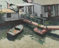 Maison flottante a saint-cloud, france by Michel Dureuil, Oil on canvas, sold Aug 2022
