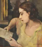 La donna in lettura by Vittorio Gussoni, Oil on board, sold Aug 2022