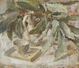 Chesnut leaves in a small white vase by Emily Patrick, Oil on board, sold Aug 2022