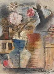 Still life and houses by Simkha Simkhovitch, 1939, Oil on board, offered Aug 2022