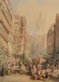 The side, newcastle, with view of cathedral beyond by Thomas Miles Richardson Snr., Watercolour and oil, heightened with white, sold Aug 2022