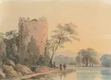 Figures by a castle on a lake by John Varley Senior, Watercolour, offered Aug 2022