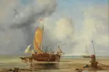 Unloading the ship, with donkey and cart in the shallows by James Webb, watercolor, offered Aug 2022