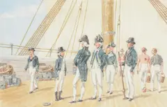 Officers and sailors on the deck of a british warship by Orlando Norie, Watercolour, offered Aug 2022