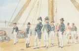 Officers and sailors on the deck of a british warship by Orlando Norie, Watercolour, offered Aug 2022