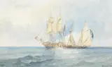 Man-o-war and a pirate ship in open seas by Clarkson Frederick Stanfield, Watercolour, offered Aug 2022