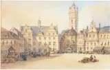 The market square at darmstadt, germany by William Wyld, Watercolour heightened with white, offered Aug 2022