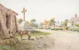 Farrier at work, beside the village cross by Joshua Fisher, Watercolour, offered Aug 2022
