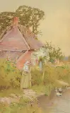 Feeding the ducks, at the garden gate by John Abernethy Lynas Gray, 1914, Watercolour, offered Aug 2022
