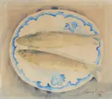 Fish on a plate by Terry Pilcher, 1973, Watercolour, sold Aug 2022