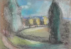 Landscape with trees by Frank Dobson, Charcoal and coloured chalks, offered Aug 2022