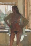 Standing nude by Ken Howard, Watercolour, bodycolour and coloured chalks, offered Aug 2022