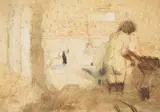 Female nude in an interior by Bernard Dunstan, Etching and aquatint with pastel handcolouring, offered Aug 2022