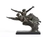 A bronze 'allégorie de la vitesse' by Robert P. Delandre, Bronze foundry mark, mounted on a black hardstone base55cm high overall, the base, sold May 2022